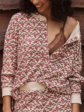 Anthropologie Waffle Knit Pajama Top Henley Long Slv Floral Cream Pink Sz 2X